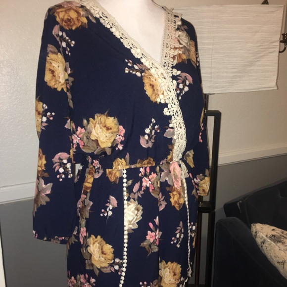 Navy Blue Floral Flower Jumper Romper Long Seeve - Picture 2 of 5